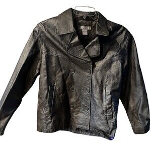 Santa Fe Leather Jacket womens Sz 8 Silver metallic button front retro y2k biker